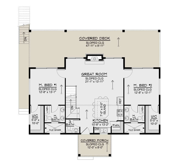 Main Floor: 2 Bed, 2.5 Bath, Great Room, Kitchen, 2 WIC, Fireplace, Stairs, Covered Deck, Covered Porch. Sloped ceilings. House Plan # 5032-00474 Main Floor Floor Plan Drawing by America's Best House Plans, Inc.