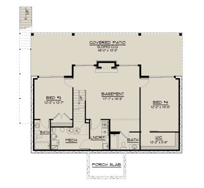 Basement: 2BR, 2BA, Rec room, fireplace, Ldry, Mech, WIC. Covered patio with sloped ceiling, stairs, porch slab. House Plan # 5032-00474 Basement Floor Plan Drawing by America's Best House Plans, Inc.