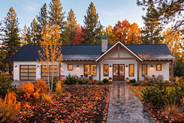 White Modern Farmhouse, Front Elevation, vertical siding, metal roof, stone chimney, sconce lighting, autumn landscape. House Plan # 7011-00022 Digital Rendering by America's Best House Plans, Inc.