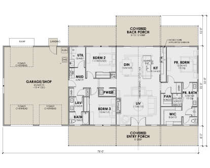 Main Floor: 3BR, 2.5BA, Vaulted Living, Kitchen, Dining, Mud, Ldry, 3-car Garage/Shop, 2 Covered Porches, Fireplace, WIC. House Plan # 7011-00022 Main Floor Floor Plan Drawing by America's Best House Plans, Inc.