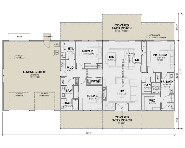 Main Floor: 3BR, 2.5BA, Vaulted Living, Kitchen, Dining, Mud, Ldry, 3-car Garage/Shop, 2 Covered Porches, Fireplace, WIC. House Plan # 7011-00022 Main Floor Floor Plan Drawing by America's Best House Plans, Inc.