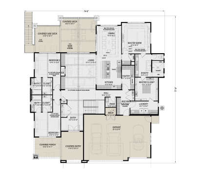 Main Floor: 3BR, 2.5BA, Living, Dining, Kitchen, Pantry, Ldry, Mud, 3-car garage, 2 Covered Decks, Porch, FP, Tray Ceilings. House Plan # 425-00075 Main Floor Floor Plan Drawing by America's Best House Plans, Inc.