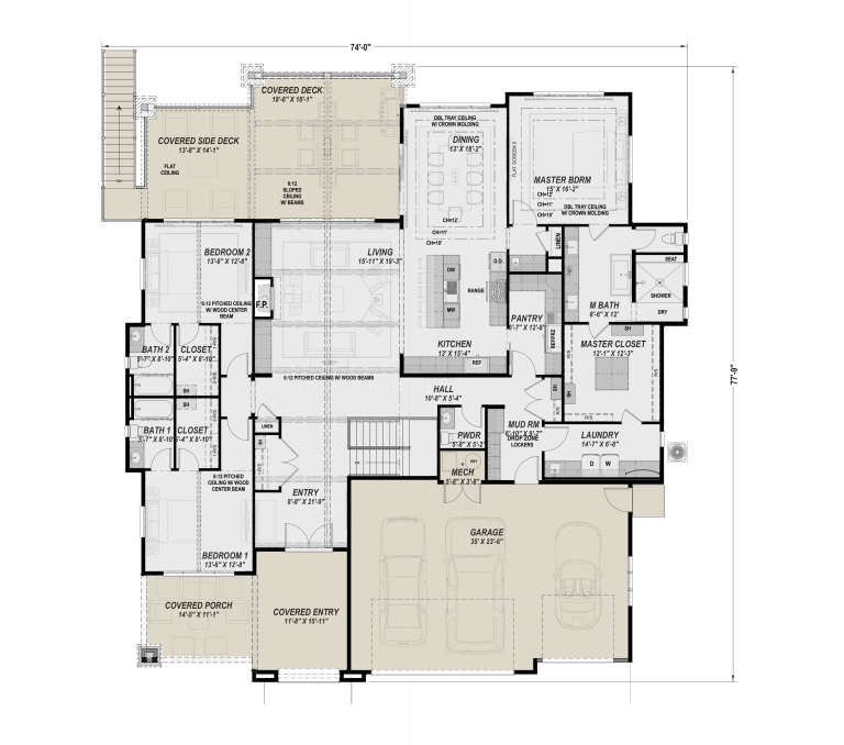 Main Floor: 3BR, 2.5BA, Living, Dining, Kitchen, Pantry, Ldry, Mud, 3-car garage, 2 Covered Decks, Porch, FP, Tray Ceilings. House Plan # 425-00075 Main Floor Floor Plan Drawing by America's Best House Plans, Inc.