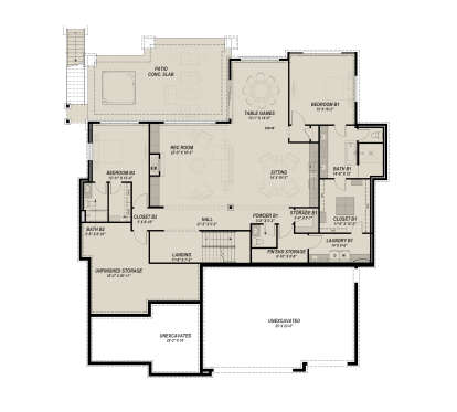 Basement: 2BR, 1.5BA, Rec Room, Sitting, Table Games, Ldry, WIC, F.P., Stairs, Patio. Unheated: Unfinished/Unexcavated areas. House Plan # 425-00075 Basement Floor Plan Drawing by America's Best House Plans, Inc.