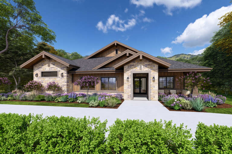Tan Craftsman, Angled Front Elevation, stone and wood siding, lantern fixtures, lush landscaping, concrete walkway. House Plan # 425-00076 Digital Rendering by America's Best House Plans, Inc.