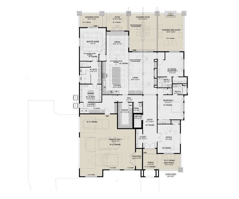 Main Floor: 3BR, 2.5BA, Office, Kitchen, Dining, Living, Pantry, Ldry, Safe Rm, 3-car garage, 4 Patios/Porches, 10' ceilings. House Plan # 425-00076 Main Floor Floor Plan Drawing by America's Best House Plans, Inc.