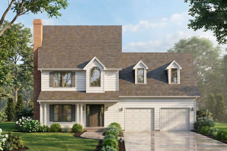 White Traditional Front Elevation, horizontal siding, brick chimney, dormers, dark shutters, garage, and lush landscaping. House Plan # 699-00554 Digital Rendering by America's Best House Plans, Inc.