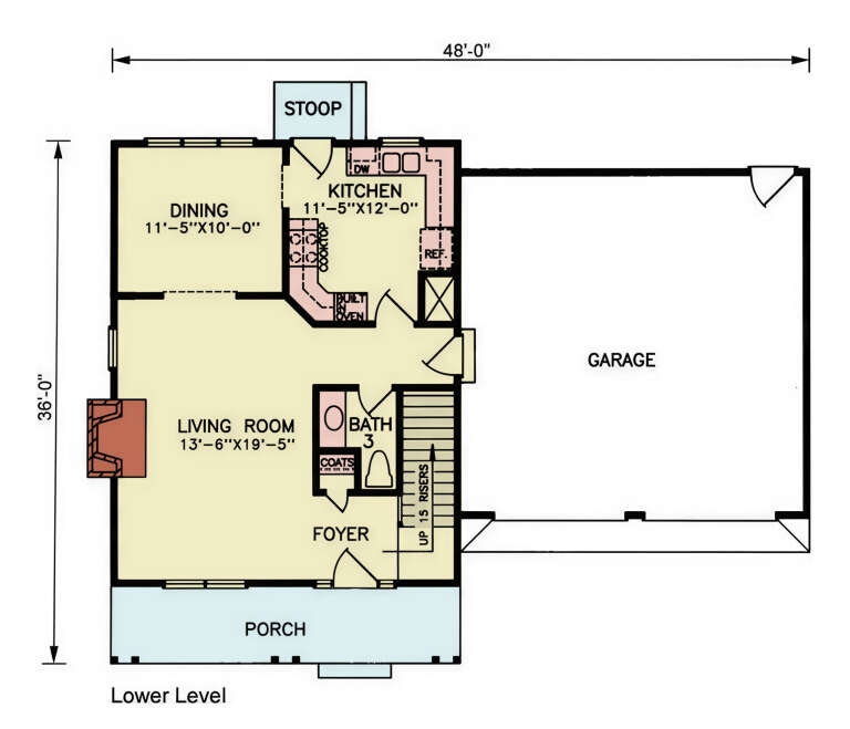 Lower Level: 1 Bath, Living Room, Dining, Kitchen, Foyer, 2-car garage, fireplace, porch, stoop, stairs. Coats closet. House Plan # 699-00554 Main Floor Floor Plan Drawing by America's Best House Plans, Inc.