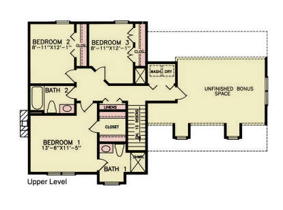 Second Floor: 3BR, 2BA, Unfinished Bonus Space, Ldry, closets, stairs. Unheated: Unfinished Bonus Space. House Plan # 699-00554 Second Floor Floor Plan Drawing by America's Best House Plans, Inc.