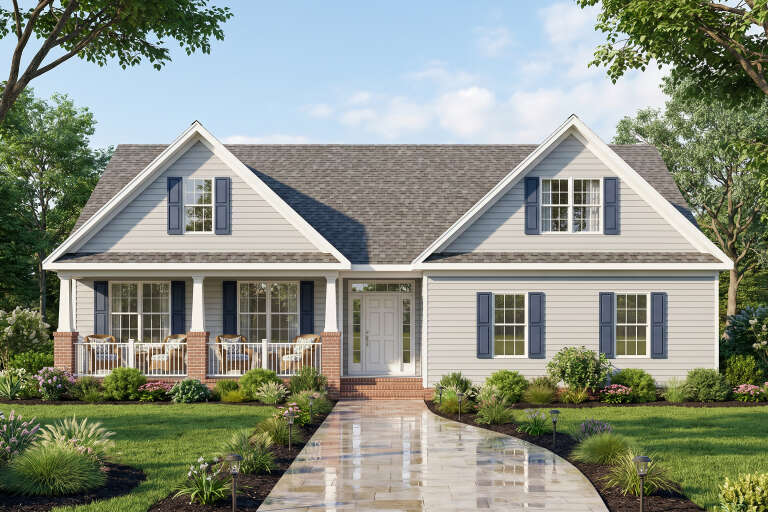 Grey Traditional Front Elevation, lap siding, blue shutters, brick porch columns, stone walkway, and lush landscaping. House Plan # 699-00555 Digital Rendering by America's Best House Plans, Inc.