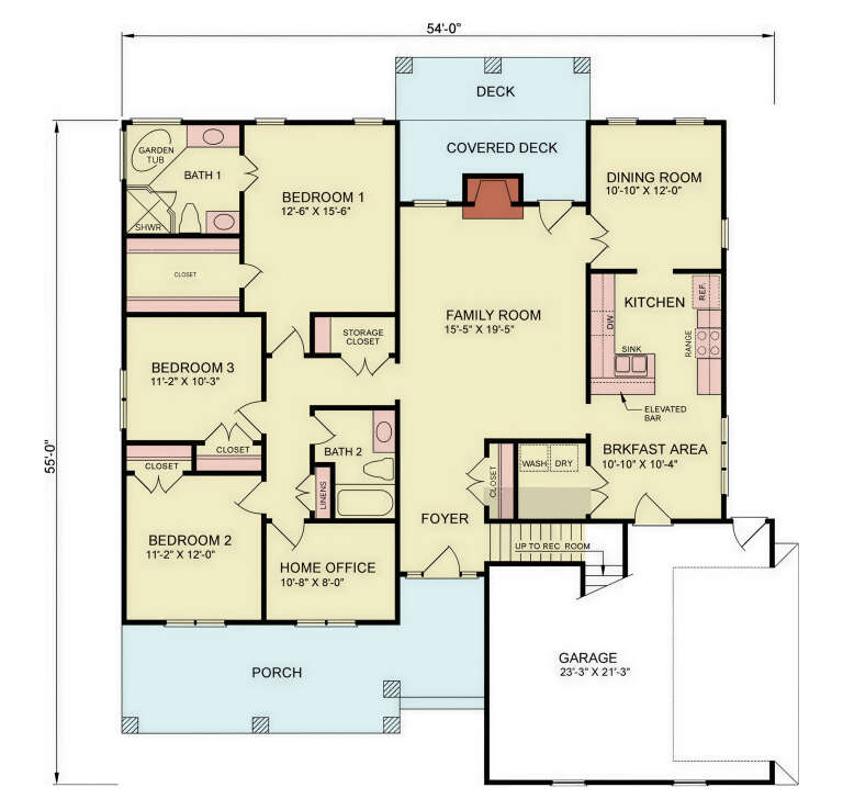 Main Floor: 3BR, 2BA, Office, Family, Kitchen, Brkfst, Dining, Foyer, Ldry, 2-car garage, fireplace, covered deck, porch. House Plan # 699-00555 Main Floor Floor Plan Drawing by America's Best House Plans, Inc.
