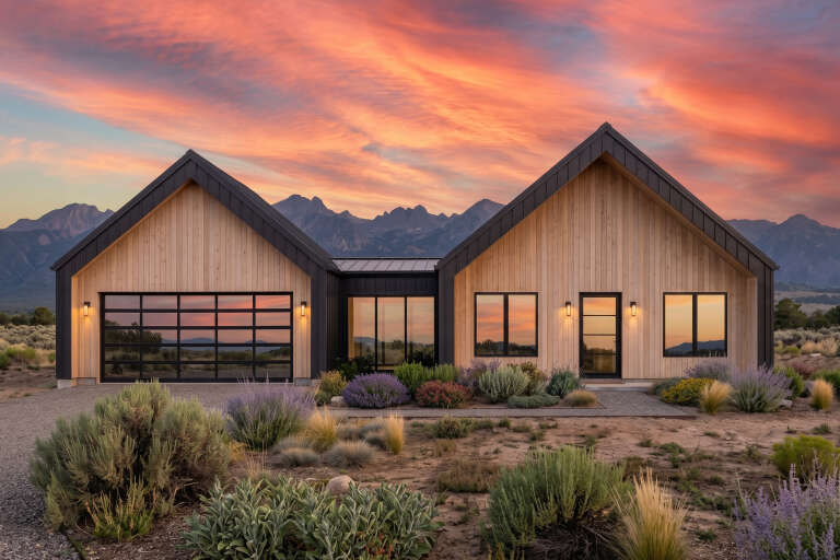 Tan Modern Front Elevation, wood siding, black metal roof, glass garage door, wall sconces, desert landscaping, sunset. House Plan # 7983-00206 Digital Rendering by America's Best House Plans, Inc.