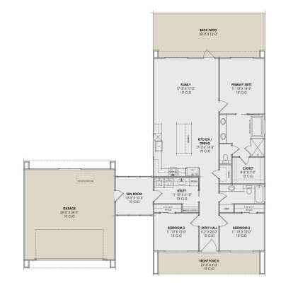 Main Floor: 3BR, 2BA, Kitchen/Dining, Family, Sun Room, Ldry, 2-car garage, Front Porch, Back Patio, 10' ceilings, WIC. House Plan # 7983-00206 Main Floor Floor Plan Drawing by America's Best House Plans, Inc.