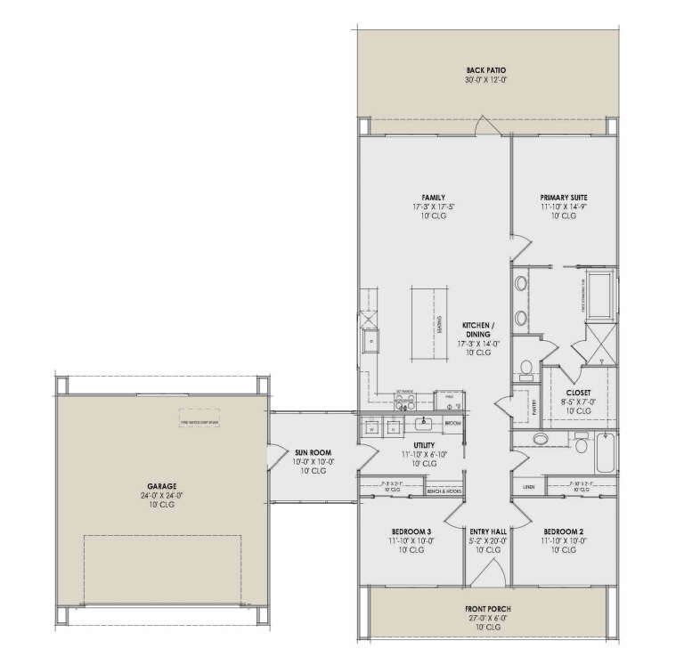 Main Floor: 3BR, 2BA, Kitchen/Dining, Family, Sun Room, Ldry, 2-car garage, Front Porch, Back Patio, 10' ceilings, WIC. House Plan # 7983-00206 Main Floor Floor Plan Drawing by America's Best House Plans, Inc.