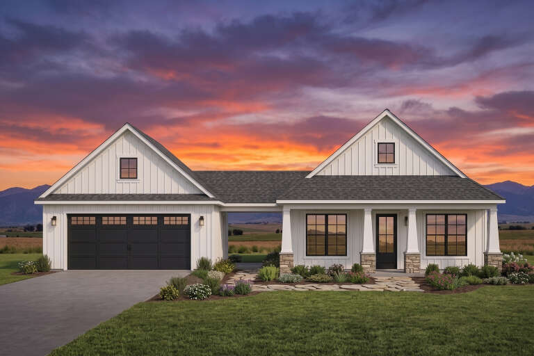 White Modern Farmhouse, Front Elevation at sunset, vertical siding, stone base, dark garage, flagstone path, lush garden. House Plan # 7983-00207 Digital Rendering by America's Best House Plans, Inc.