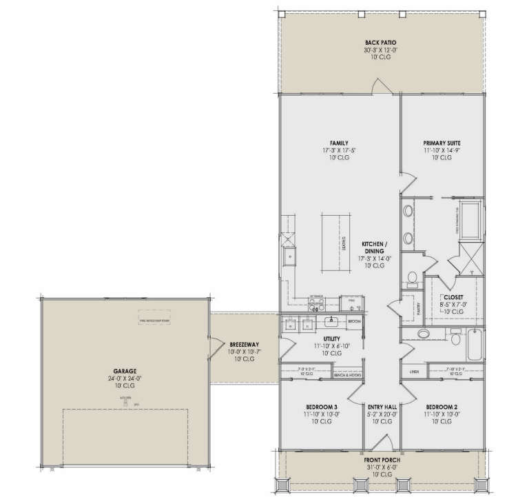 Main Floor: 3BR, 2BA, Kitchen/Dining, Family, Utility, WIC, 2-car garage, Breezeway, Front Porch, Back Patio. 10' ceilings. House Plan # 7983-00207 Main Floor Floor Plan Drawing by America's Best House Plans, Inc.
