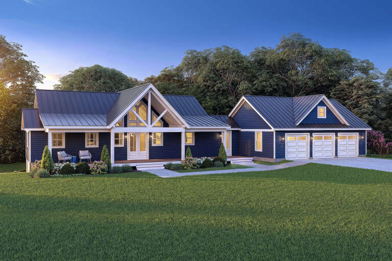 Navy Modern Farmhouse, Angled Front Elevation, metal roof, lap siding, gable truss, porch seating, and garage lighting. House Plan # 940-01469 Digital Rendering by America's Best House Plans, Inc.