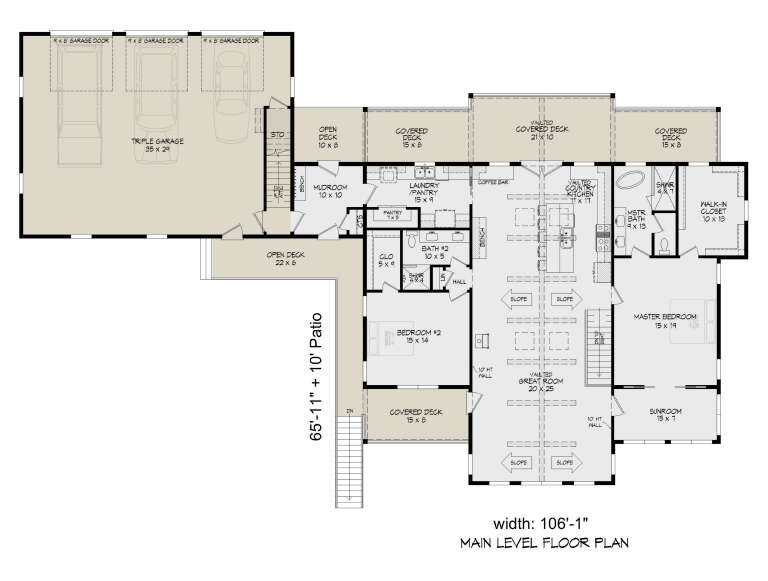 Main Floor: 2BR, 2BA, Vaulted Great Room & Kitchen, Sunroom, Mudroom, Ldry/Pantry, 3-car garage, 4 Covered Decks, WIC, Stairs. House Plan # 940-01469 Main Floor Floor Plan Drawing by America's Best House Plans, Inc.