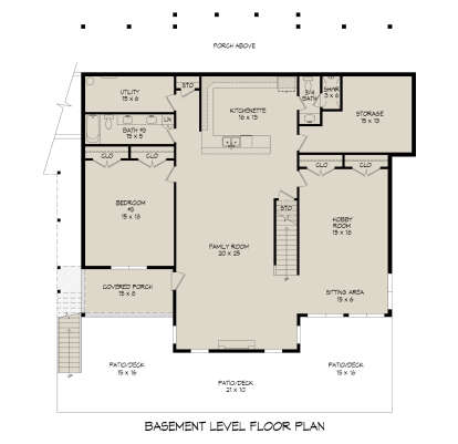 Basement: 1BR, 2BA, Family, Kitchenette, Hobby, Utility, Storage, Closets, Stairs, Covered Porch, Patio/Deck. Unheated: Patio. House Plan # 940-01469 Basement Floor Plan Drawing by America's Best House Plans, Inc.