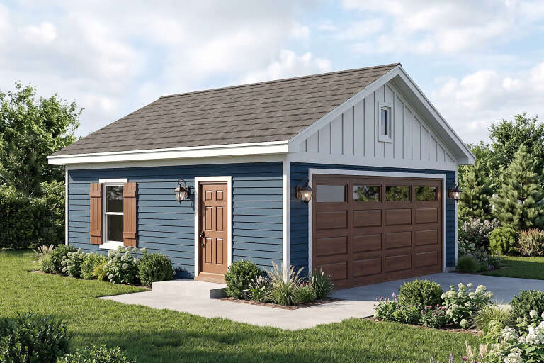 Blue Country, Angled Left Elevation, lap siding, board-and-batten gable, wood garage door, lanterns, lush landscaping. House Plan # 940-01470 Digital Rendering by America's Best House Plans, Inc.