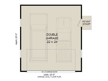Garage Floor: 2-car garage (22'x24'), 18'x8' garage door, 42"x60" stoop. Unheated square footage. House Plan # 940-01470 Garage Floor Floor Plan Drawing by America's Best House Plans, Inc.
