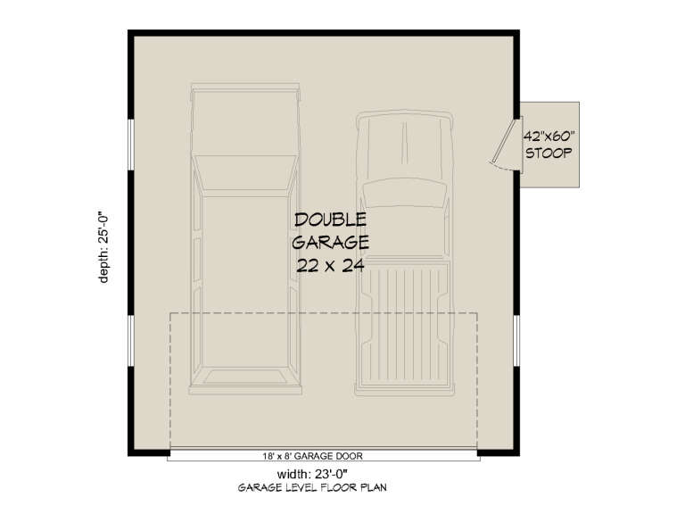 Garage Floor: 2-car garage (22'x24'), 18'x8' garage door, 42"x60" stoop. Unheated square footage. House Plan # 940-01470 Garage Floor Floor Plan Drawing by America's Best House Plans, Inc.