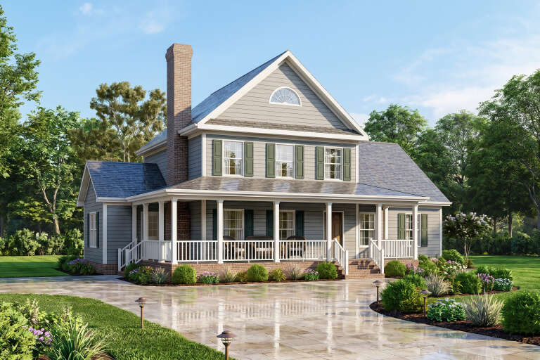 Grey Traditional, Angled Front Elevation with lap siding, brick chimney, wrap-around porch, green shutters, stone patio. House Plan # 699-00556 Digital Rendering by America's Best House Plans, Inc.