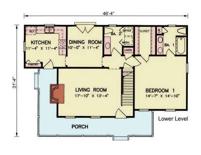 Main Floor: 1BR, 2BA, Living Room, Kitchen, Dining, Pantry, Ldry, Stairs, Porch, Fireplace, WIC & Linen closets. House Plan # 699-00556 Main Floor Floor Plan Drawing by America's Best House Plans, Inc.
