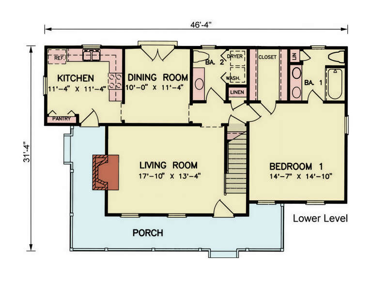 Main Floor: 1BR, 2BA, Living Room, Kitchen, Dining, Pantry, Ldry, Stairs, Porch, Fireplace, WIC & Linen closets. House Plan # 699-00556 Main Floor Floor Plan Drawing by America's Best House Plans, Inc.