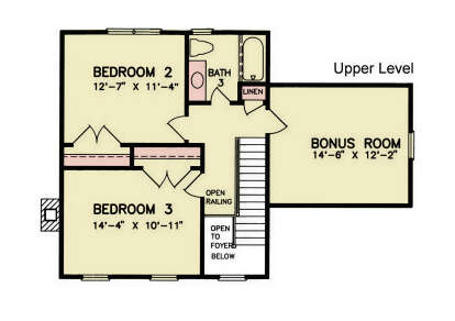 Second Floor: 2 BR, 1 BA, Bonus Room, Linen closet, stairs, open railing, open to foyer below. House Plan # 699-00556 Second Floor Floor Plan Drawing by America's Best House Plans, Inc.