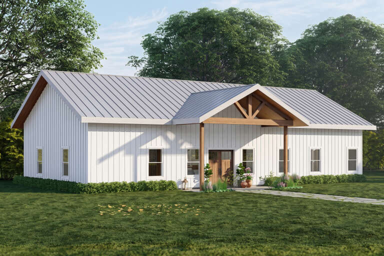 White Modern, Angled Front Elevation, board-and-batten siding, metal roof, timber porch truss, stone path, landscaping. House Plan # 3822-00008 Digital Rendering by America's Best House Plans, Inc.