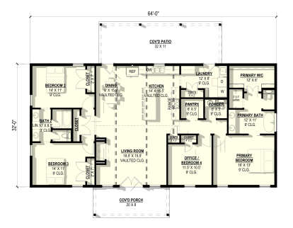 Main Floor: 4BR, 2.5BA, Vaulted Living/Dining/Kitchen, Office, Ldry, Pantry, WIC, Cov'd Patio, Cov'd Porch, 9' ceilings. House Plan # 3822-00008 Main Floor  Floor Plan Drawing by America's Best House Plans, Inc.