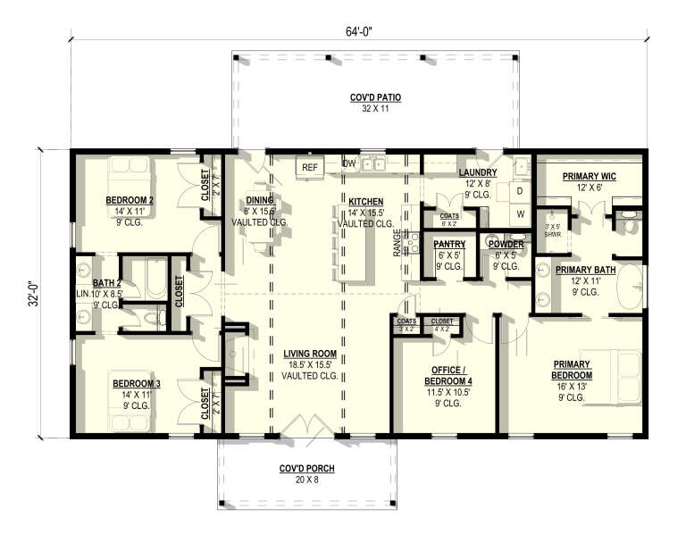 Main Floor: 4BR, 2.5BA, Vaulted Living/Dining/Kitchen, Office, Ldry, Pantry, WIC, Cov'd Patio, Cov'd Porch, 9' ceilings. House Plan # 3822-00008 Main Floor  Floor Plan Drawing by America's Best House Plans, Inc.