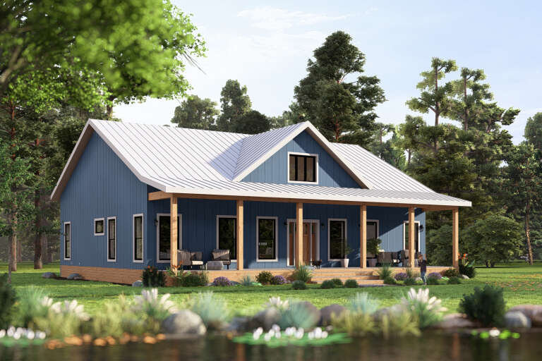 Blue Modern Farmhouse, Angled Front Elevation, board-and-batten siding, metal roof, wood porch posts, lush landscaping. House Plan # 3822-00009 Digital Rendering by America's Best House Plans, Inc.