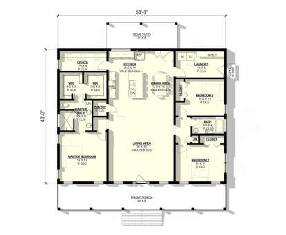 Main Floor: 3BR, 2BA, Office, Vaulted Living/Kitchen/Dining, Ldry, 2 WIC, Pantry, Front Porch, Rear Patio, 9' ceilings. House Plan # 3822-00009 Main Floor  Floor Plan Drawing by America's Best House Plans, Inc.