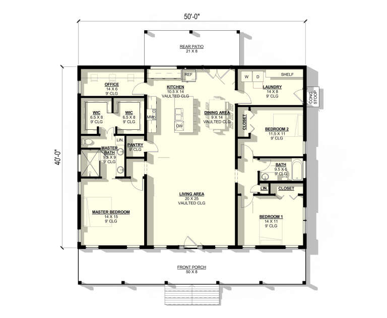 Main Floor: 3BR, 2BA, Office, Vaulted Living/Kitchen/Dining, Ldry, 2 WIC, Pantry, Front Porch, Rear Patio, 9' ceilings. House Plan # 3822-00009 Main Floor  Floor Plan Drawing by America's Best House Plans, Inc.