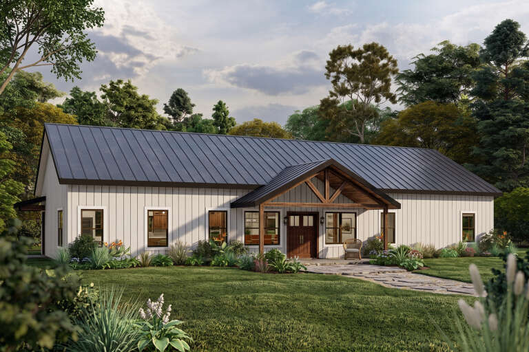 White Modern Farmhouse, Angled Front Elevation, board-and-batten siding, metal roof, timber porch, stone path, lush lawn. House Plan # 3822-00010 Digital Rendering by America's Best House Plans, Inc.