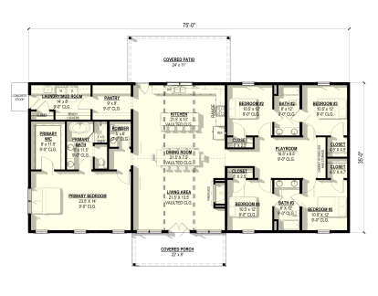 Main Floor: 5BR, 3.5BA, Vaulted Living/Dining/Kitchen, Playroom, Pantry, Ldry/Mud, Fireplace, Covered Patio, Covered Porch. House Plan # 3822-00010 Main Floor  Floor Plan Drawing by America's Best House Plans, Inc.