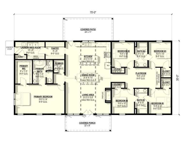 Main Floor: 5BR, 3.5BA, Vaulted Living/Dining/Kitchen, Playroom, Pantry, Ldry/Mud, Fireplace, Covered Patio, Covered Porch. House Plan # 3822-00010 Main Floor  Floor Plan Drawing by America's Best House Plans, Inc.