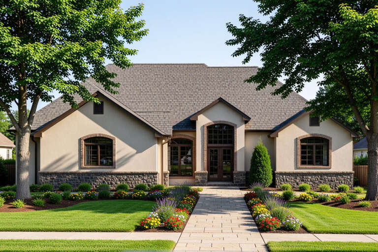 Beige European Front Elevation, stucco and stone siding, arched windows, stone walkway, lush landscaping, mature trees. House Plan # 4440-00017 Digital Rendering by America's Best House Plans, Inc.