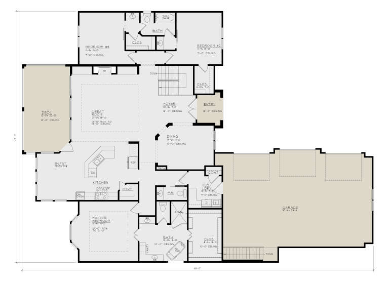 Main Floor: 3BR, 2.5BA, Great Rm w/ FP, Kitchen, Brkfst, Dining, Mud/Ldry, 3-car garage, Deck, WIC, stairs. Box ceilings. House Plan # 4440-00017 Main Floor  Floor Plan Drawing by America's Best House Plans, Inc.