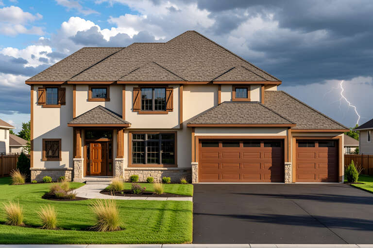 Tan Craftsman, Front Elevation with stone base, brown shutters, wood garage doors, stone path, and stormy lightning sky. House Plan # 4440-00018 Digital Rendering by America's Best House Plans, Inc.