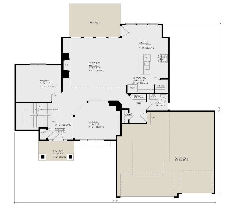 Main Floor: Study, Great Room, Dining, Kitchen, Brkfst, Mud, P.R., 3-car garage, Patio, Entry, Stairs, FP, 9' ceilings. House Plan # 4440-00018 Main Floor  Floor Plan Drawing by America's Best House Plans, Inc.
