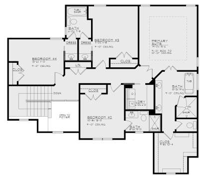Second Floor: 3BR, 3BA, Primary Suite with tray ceiling, Ldry, WIC, stairs, open to foyer. 9' ceilings throughout. House Plan # 4440-00018 Second Floor Floor Plan Drawing by America's Best House Plans, Inc.