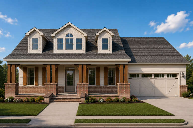 Cream Craftsman, Front Elevation with brick base, wood porch columns, shingle siding, dormers, and manicured landscaping. House Plan # 1070-00377 Digital Rendering by America's Best House Plans, Inc.
