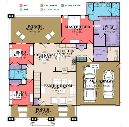 Main Floor: 3BR, 2BA, Family, Kitchen, Brkfst, Tech Center, Ldry, 2 Pantries, 2-car garage, 2 Porches, WIC, stairs. House Plan # 1070-00377 Main Floor  Floor Plan Drawing by America's Best House Plans, Inc.