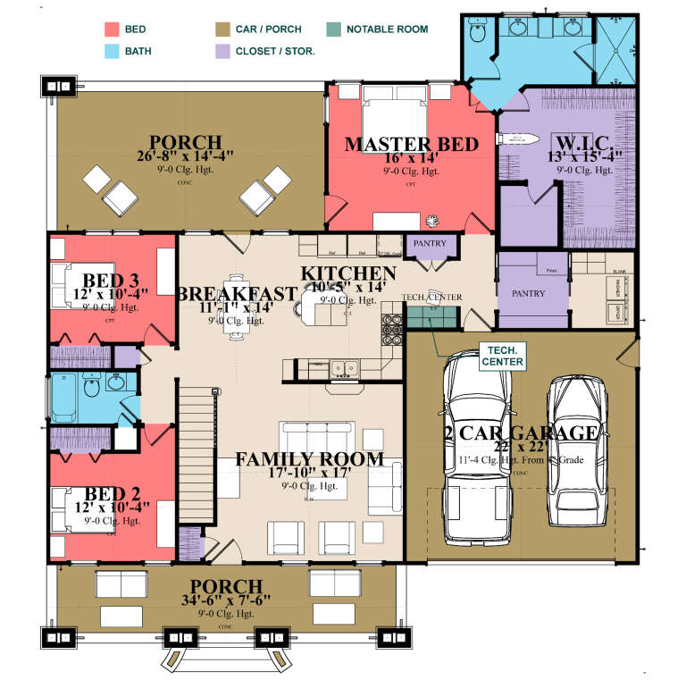 Main Floor: 3BR, 2BA, Family, Kitchen, Brkfst, Tech Center, Ldry, 2 Pantries, 2-car garage, 2 Porches, WIC, stairs. House Plan # 1070-00377 Main Floor  Floor Plan Drawing by America's Best House Plans, Inc.