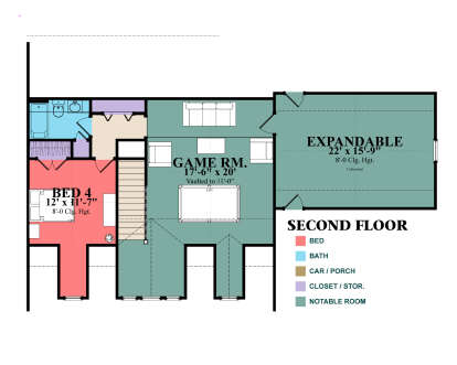 Second Floor: 1BR, 1BA, Game Rm (vaulted), Expandable unfinished space, stairs, closets. Unheated: Expandable area. House Plan # 1070-00377 Second Floor Floor Plan Drawing by America's Best House Plans, Inc.