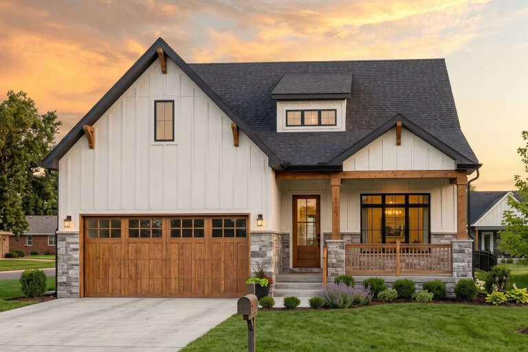 White Craftsman, Front Elevation with board-and-batten, stone base, wood garage, porch, and warm sunset lighting. House Plan # 963-01320 Digital Rendering by America's Best House Plans, Inc.