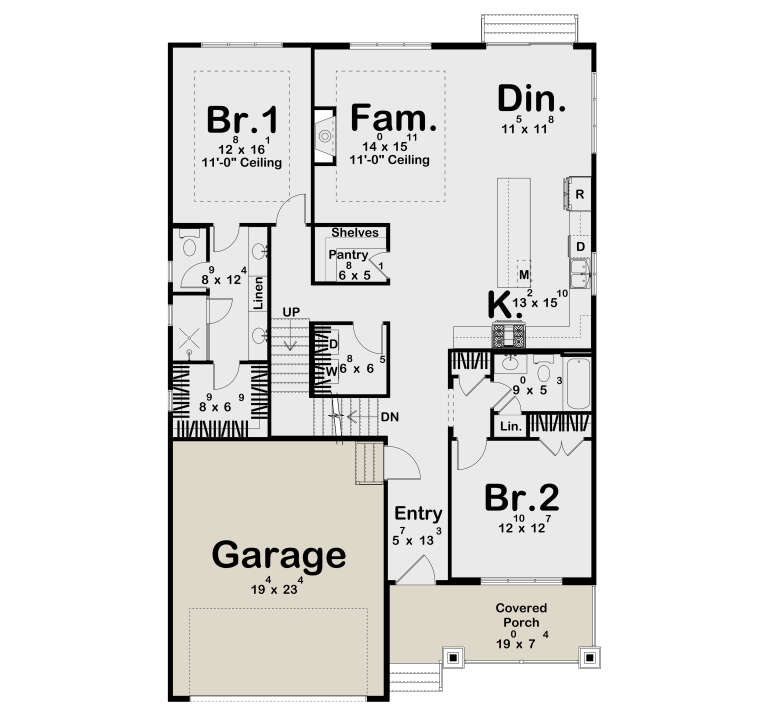 Main Floor: 2BR, 2BA, Kitchen, Dining, Family, Pantry, Ldry, 2-car garage, stairs, covered porch. 11' ceilings in BR1/Fam. House Plan # 963-01320 Main Floor  Floor Plan Drawing by America's Best House Plans, Inc.